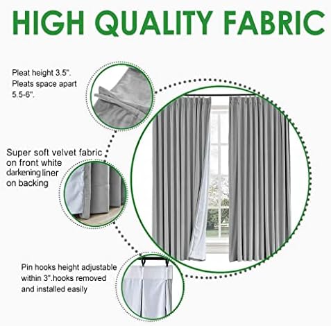 TWOPAGES 120W x 96L Pinch Pleat Room Darkening Velvet Curtain, Grey