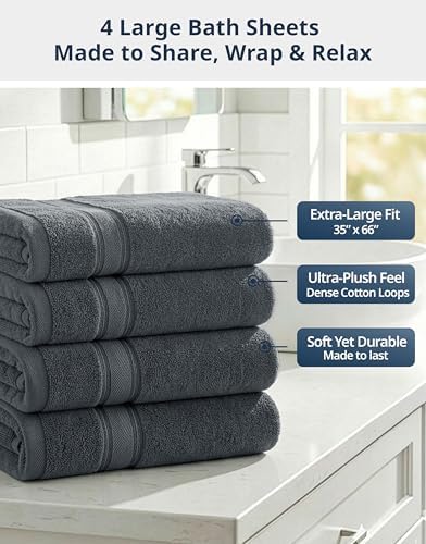 LANE LINEN Oversized Bath Sheets Set Absorbent Quick Dry 4 Pack - Cool