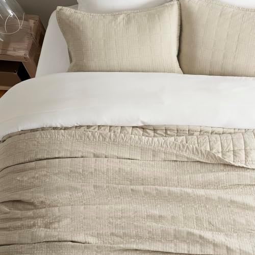 EVERGRACEHOME Stonewashed Cotton Quilt Set, King Size, Flax Beige
