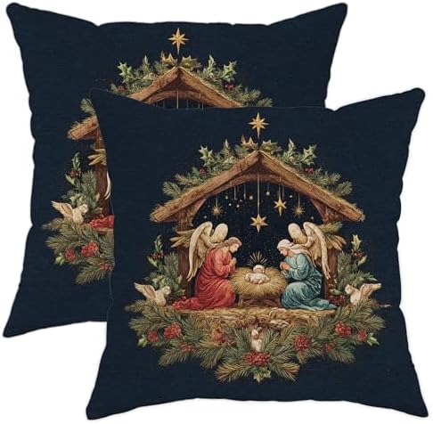 Angels Throw Pillow Covers Set of 2, Christmas Rustic Stable Stars