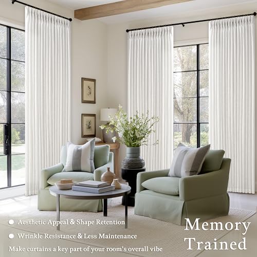 120 Inch Length Semi Sheer Thick Linen Pleat Curtains Ivory Beige