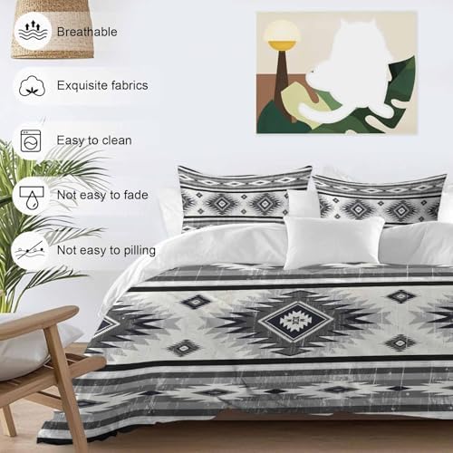 Gray Boho Duvet Cover Set, Southwestern Ethnic Aztec Retro Geometric