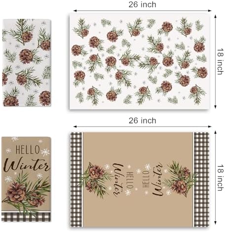 Hello Winter Brown Kitchen Dish Towel, Pine Cones Branches Snowflakes