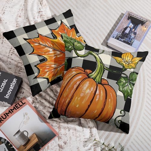 Fall Pillow Covers 22X22 Set of 2, Pumpkin Maple Leaf Burnt Orange