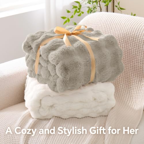 BEDELITE Faux Fur Throw Bubble Blanket for Couch, 60" x 80", Cream