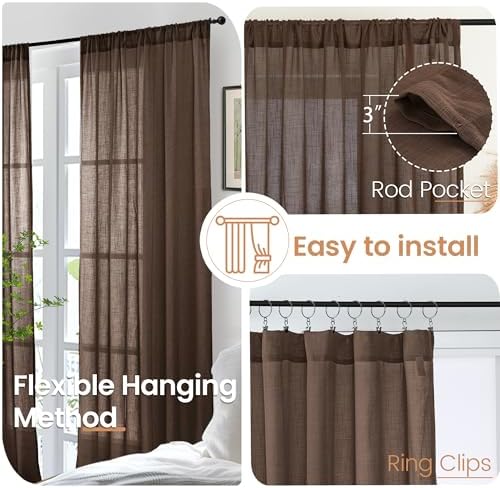 BGment 96 Inches Long Linen Curtains for Living Room Brown Sheer