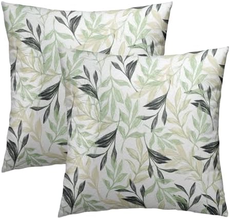 Spring Sage Green and Cream Leaf Pillowcovers 18X18 Inch Green and