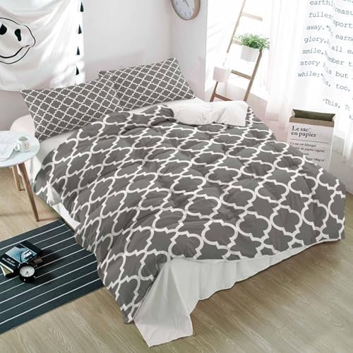 Duvet Cover Set Queen, Gray Modern Trellis 3 Piece Bedding Set