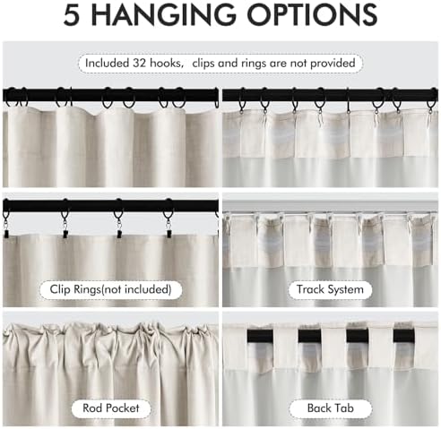 MIULEE 100% Blackout Back Tab Pleat Linen Curtains 50" Wx120 L,Birch