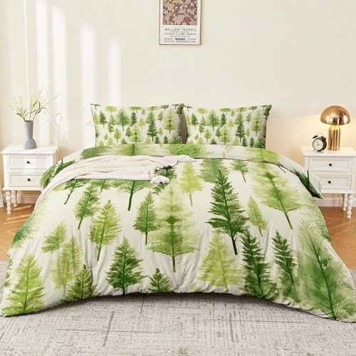 Grayish White Duvet Cover King - Minimalist Fresh Plants Pine Trees