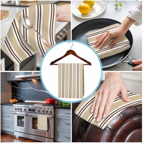 Sand Beige Stripes Kitchen Towels Set of 3, Brown White Khaki Lines