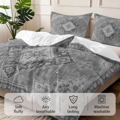 3 Pieces Bedding Set Full Size, Grey Boho Soft Duvet Covers Set with
