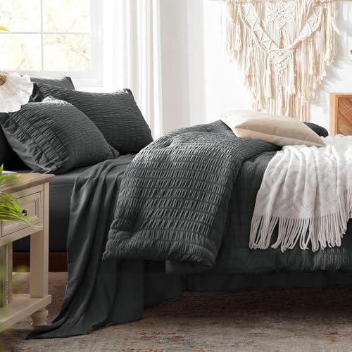 Full Size Comforter Sets 7 Piece, Dark Grey Bed in a Bag Full Bedding