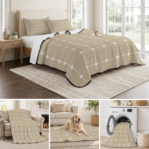 Quilts King Size Bedding Set, Taupe Gingham Lightweight Quilted
