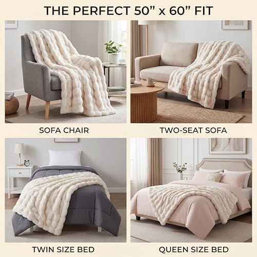 Soft Throw Blanket, 1000 GSM Faux Fur Bubble Blanket, Cream 50x60