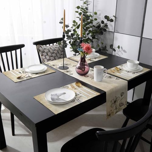 Vintage Beige Flowers Gradient Table Runner and Placemats Set of 6