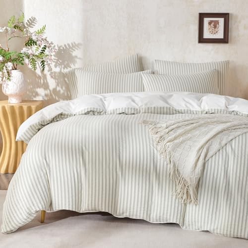 Duvet Cover Set Queen Striped Sage Green, 100% Washed Cotton Jacquard