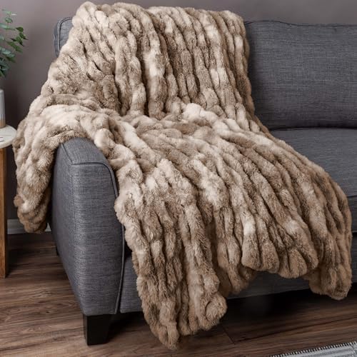 Lavish Home Oversized Ruched Faux Fur Blanket, Taupe, 60” x 80”