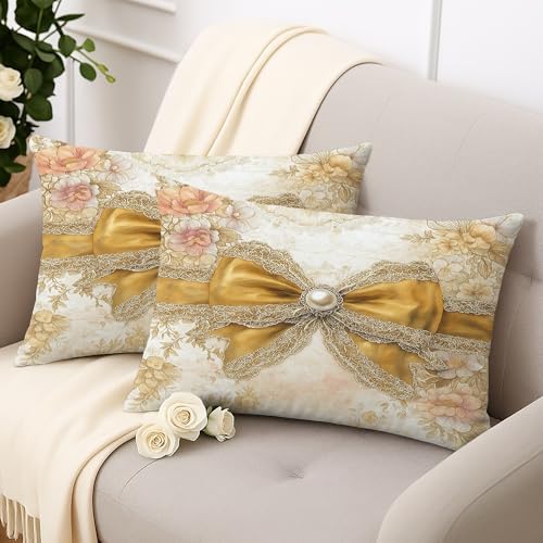 Vintage Floral Throw Pillow Covers Set of 2, Cream and Gold Decorative