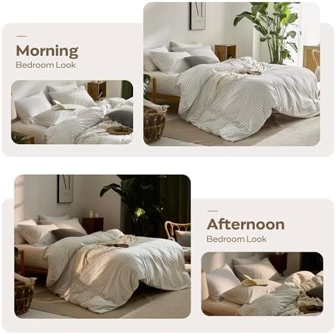 JELLYMONI 100% Cotton Vertical Stripe King Duvet Cover Set, Grey