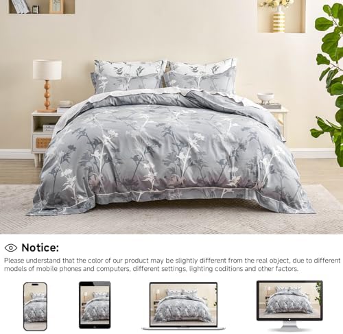 Simple&Opulence 100% Cotton Duvet Cover Set King Size, 3Pcs Grey