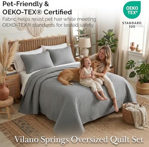 Quilt King Size Bedding Set with 2 Quilted Pillow Shams, Steel Grey