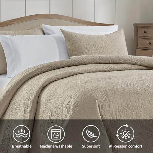 BOURINA Ultrasonic Beige Queen Quilt Set 3-Piece Bedding Set Bedspread