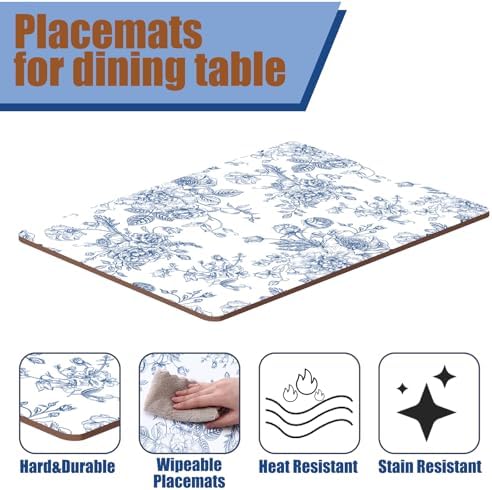 6 Sets Blue Floral Cork Placemats with 6 Coasters, 16x12 Inches Heat