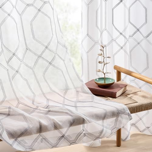 Grey and White Geometric Sheer Curtains 96 Inches Long Gray