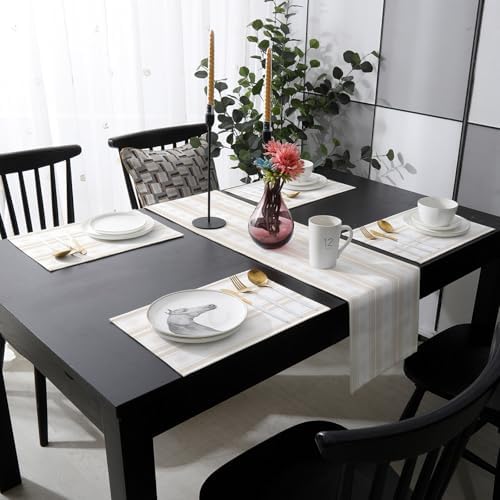 Beige Striped Table Runner and Placemats for Dining Table, Burlap