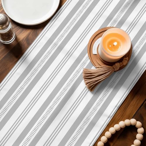 Grey Striped 120 Inch Table Runner, Modern Farmhouse Geometric Thine