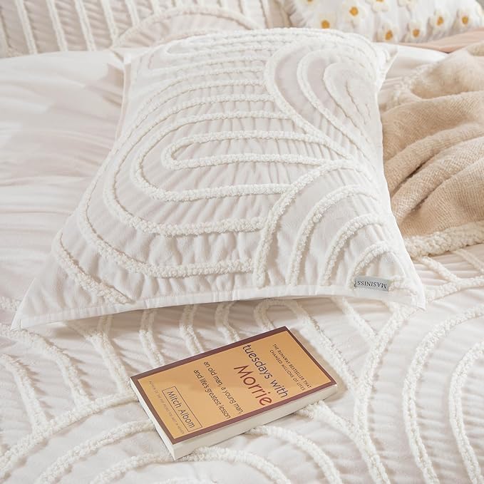 3-Pcs Queen tufted duvet cover, ivory boho bedding set, dorm duvet