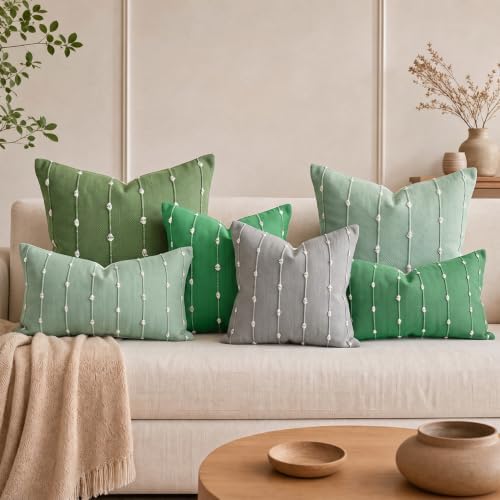 AVOIN colorlife Olive Green Boho Linen Throw Pillow Covers 22x22 Inch