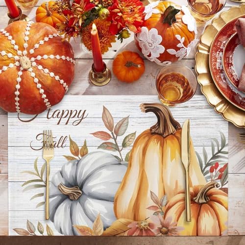 Placemats Set of 8, Fall Thanksgiving Harvest Pumpkins Washable Table