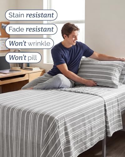 CGK Twin XL 4 Piece Sheet Set - College Dorm Room - Grey Stripes
