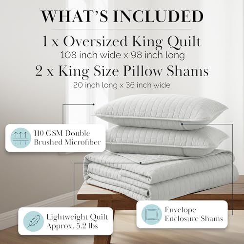 Oversized Quilt King Size Set w/ 2 Quilted Pillow Shams, Light Grey
