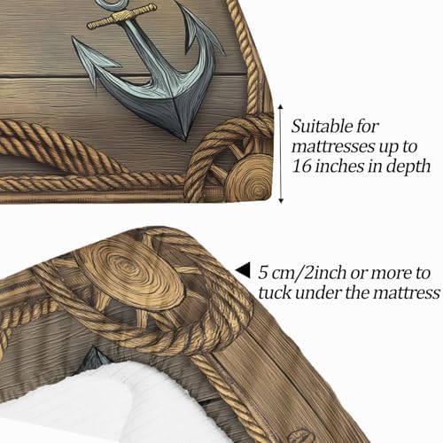 Fitted Sheet 3 Pieces Twin XL Size Retro Boat Hook Wood GrainBrown