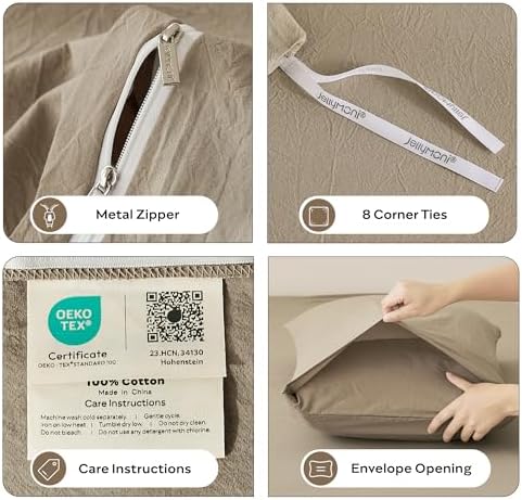 JELLYMONI 100% Cotton Queen Duvet Cover Set, Washed Linen-Like Texture