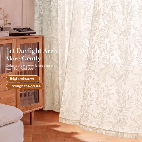 Floral Sheer Curtains Rod Pocket 72 Inches 2 Panels Beige