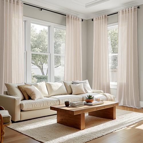 ANRODUO Beige Semi Sheer Linen Curtains 63 Inch Length 2 Panel Set