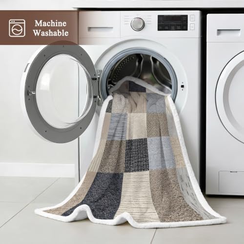 Khaki Grey Woven Sherpa Fleece Throw Blanket Modern Minimalist