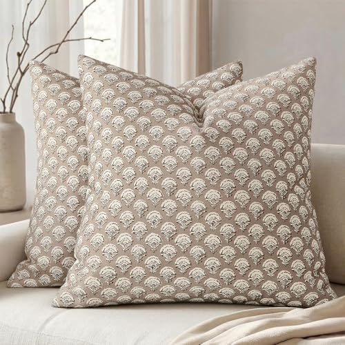 MIULEE Floral Print Decorative Pillow Covers 20x20, Light Taupe