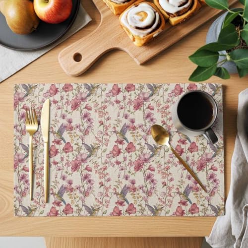 Placemats Set of 8, Pink Beige Flowers Woven Placemat, Linen Place
