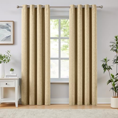Melodiux Beige Linen Textured Room Darkening Curtains for Bedroom