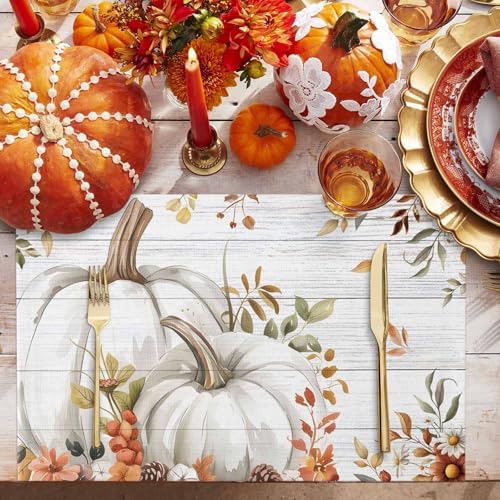 Placemats Set of 8, Autumn White Pumpkin Thanksgiving Washable Table