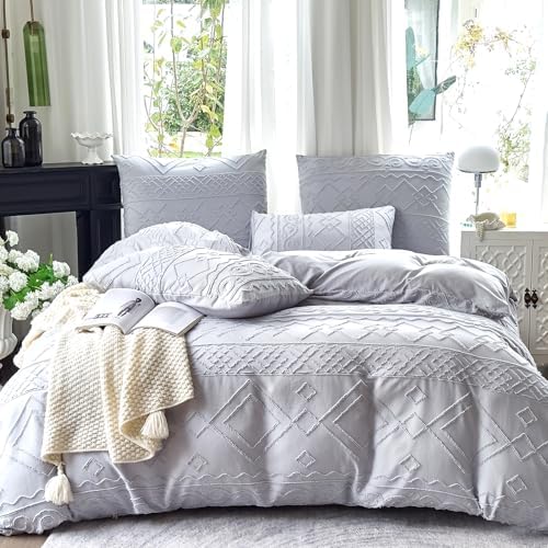 Boho Duvet Cover Queen Size Grey Geometric Tufted 3 Pieces Set