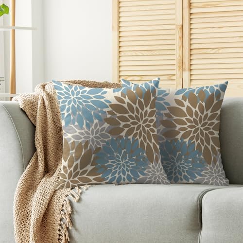 Light Brown Blue Pillow Covers 22X22 Inch Set of 2, Spring Summer
