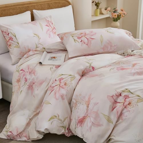 100% Cotton Duvet Cover Queen Size – Elegant Blush Lily Pink Floral