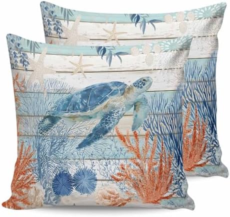 Sea Turtle Coastal Pillow Covers 24x24 Set of 2, Summer Beach Coral