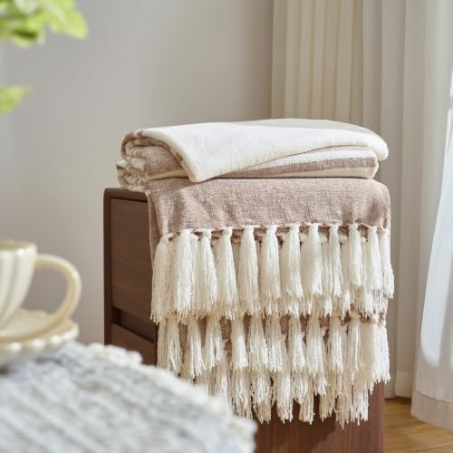 Carriediosa Chenille Throw Blanket with Knotted Tassels 50x60, Tan